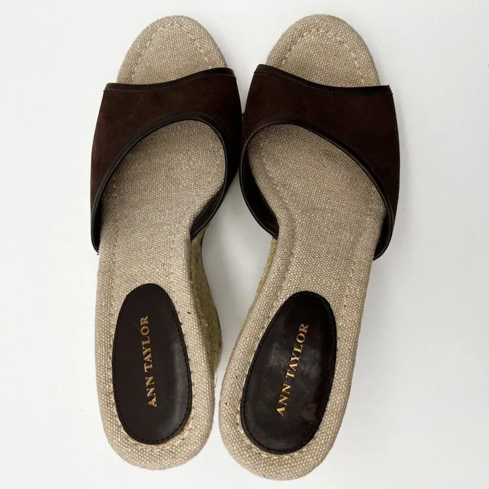Ann Taylor Brown Suede Slip On Open Toe Jute Wrapped Wedge Platform Heels Size 8